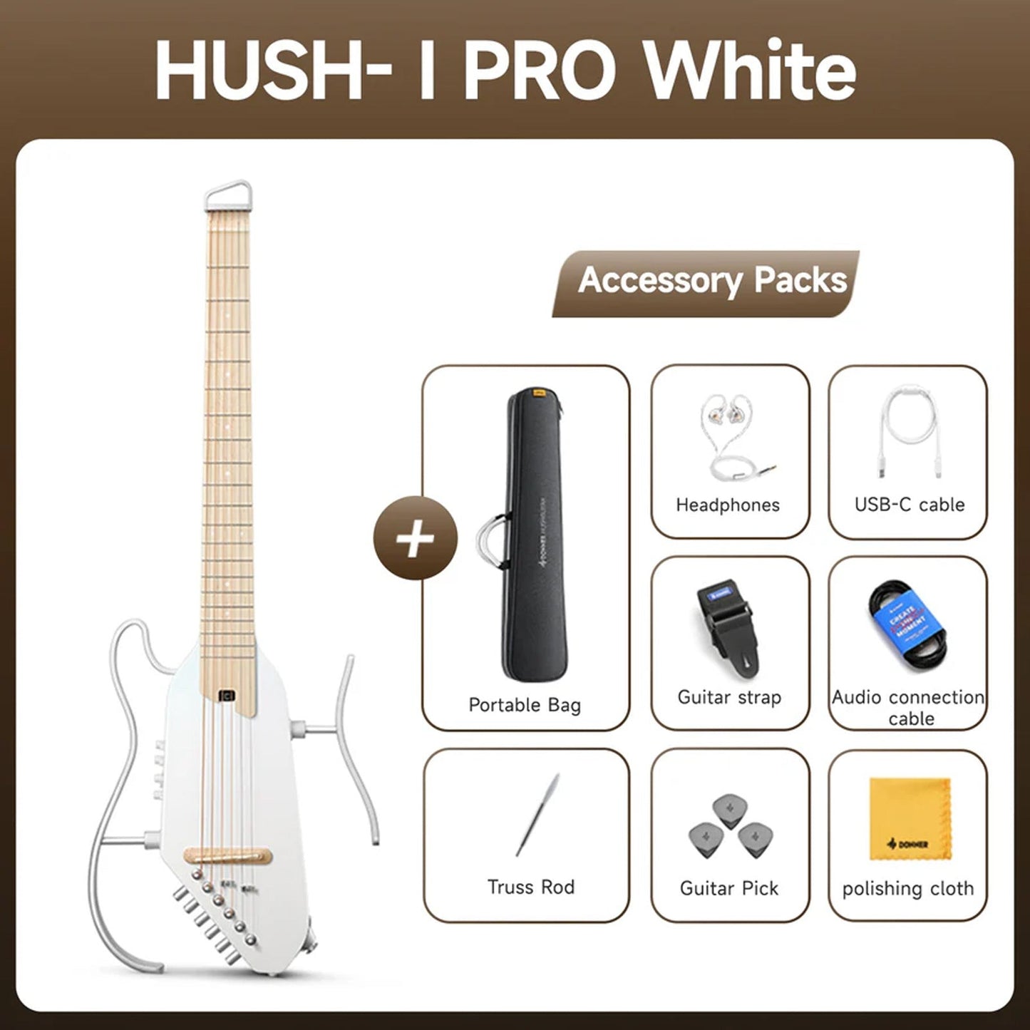 Donner HUSH-1PROWH Headless Electric Guitar ~ White