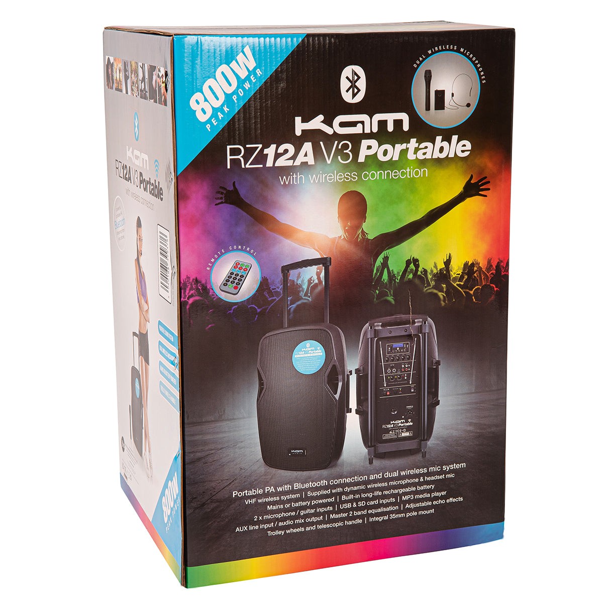 KAM RZ12AP V3 12" Portable 800W Bluetooth PA Speaker - With Microphone