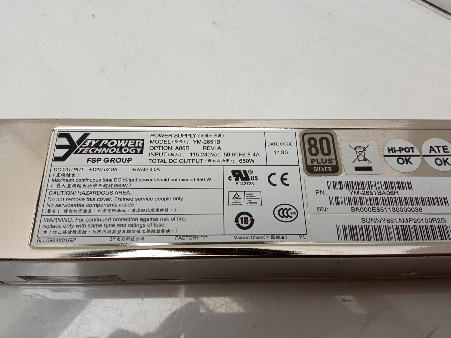 3Y Power Technology 650W Server Power Supply Unit YM-2651B