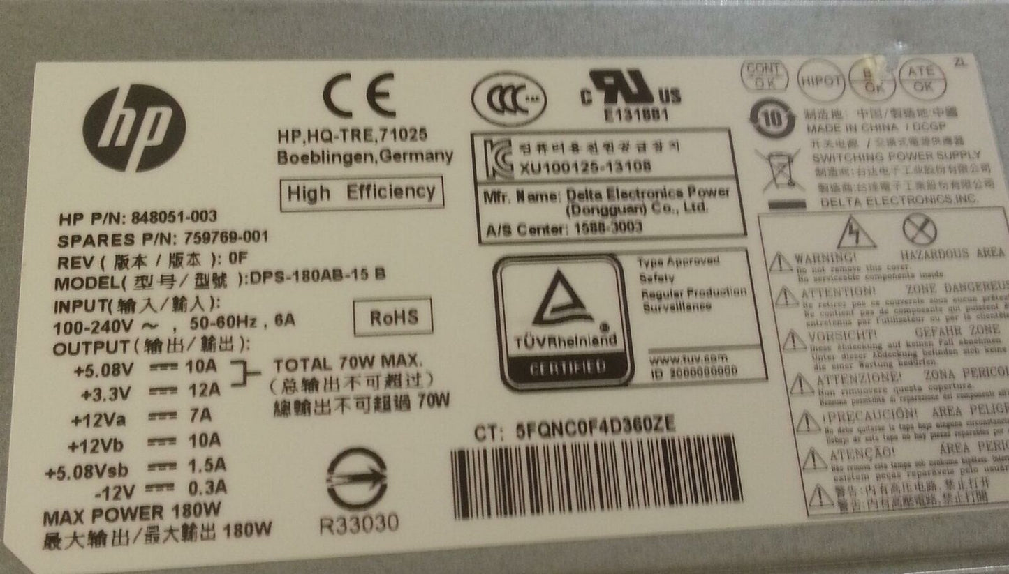 HP Pavilion 180W Power Supply Unit 848051-003 759769-001