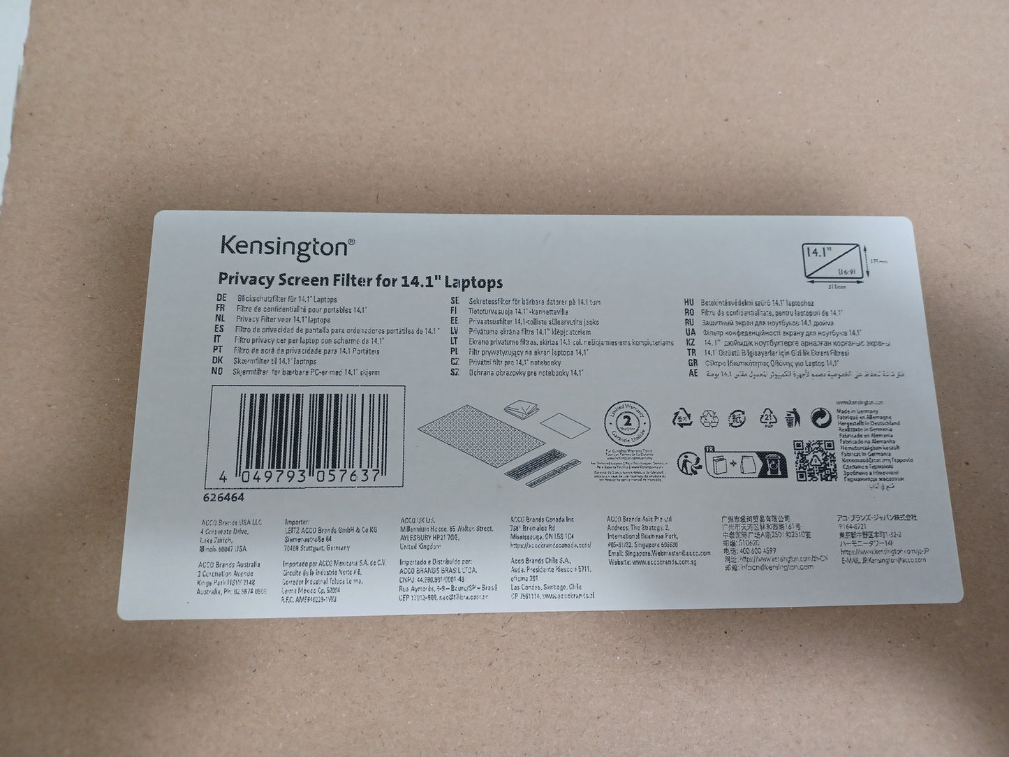 Kensington Privacy Screen Filter For 14.1" 16:9 Laptops 626464