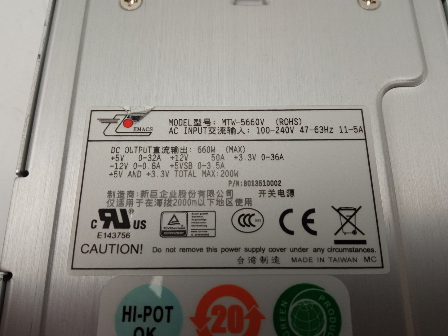 Emacs Zippy MTW-5660V 660W 1U Power Supply Unit