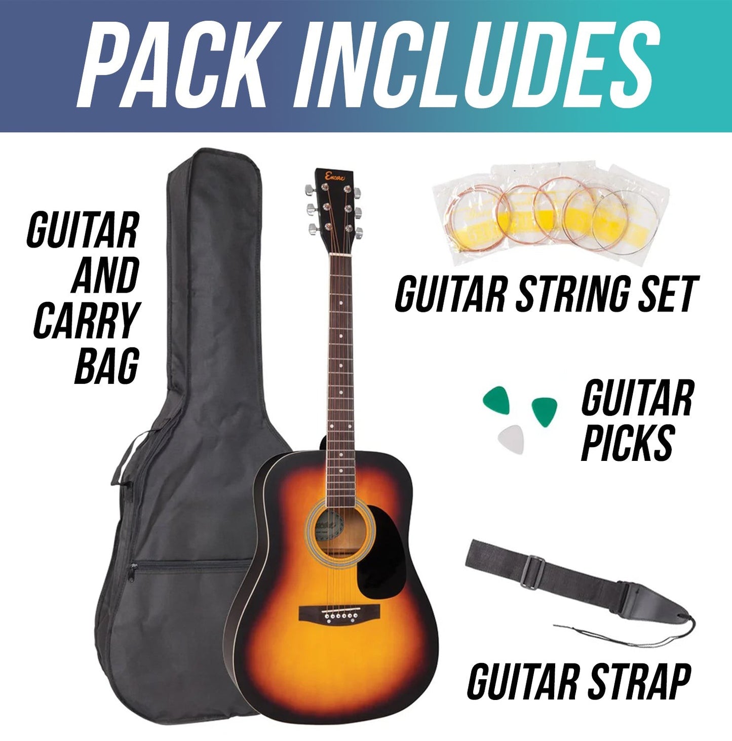 Encore Dreadnought Outfit Acoustic Guitar ~ Sunburst