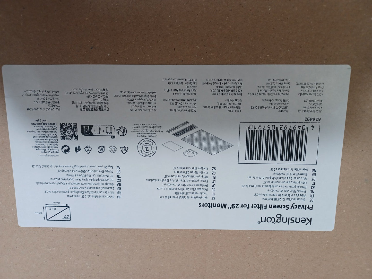 Kensington Privacy Screen Filter For 29" Monitors 21:9 2-Way Removable 626492