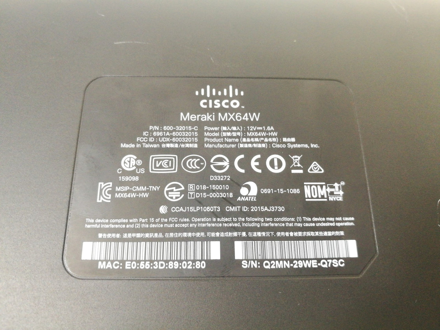 Cisco Meraki MX64W Wireless Cloud Managed Appliance Router - Unclaimed - No PSU