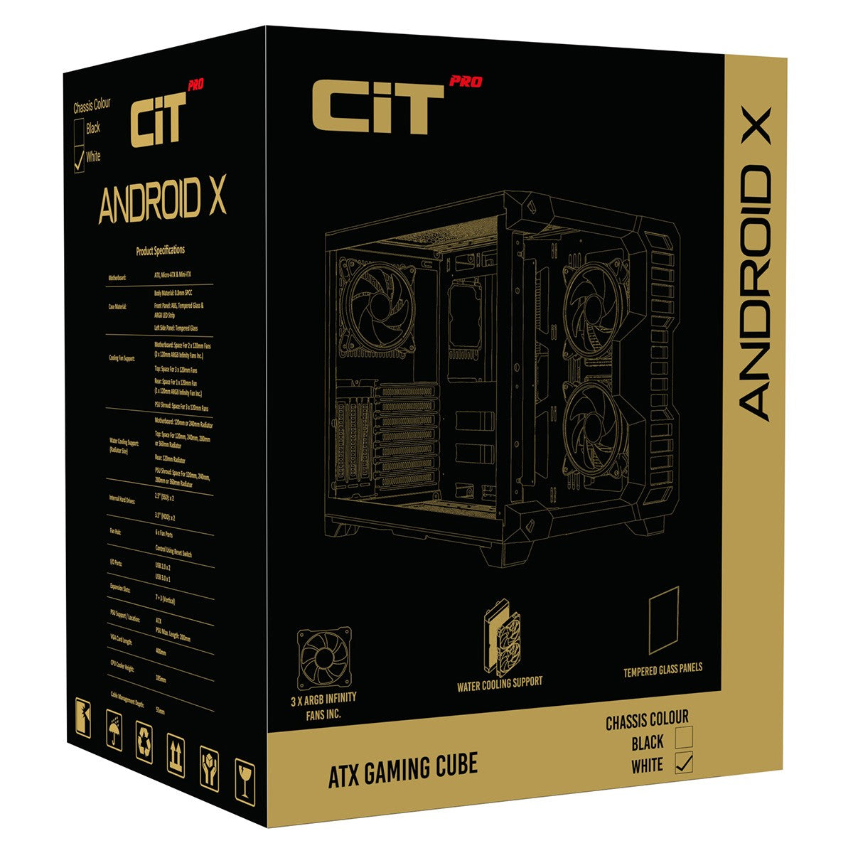 CiT Pro Android X Gaming Cube ATX Mid-Tower Dual Chamber White PC Computer Case