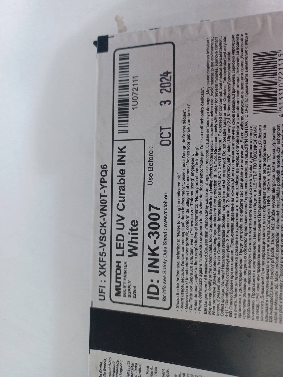 Mutoh US11-WH220E LED UV Curable Ink 220ml White - New - Expiry 03/10/24