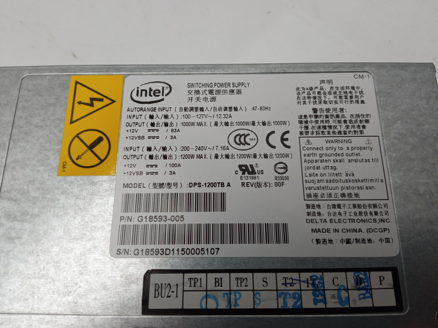 Intel Delta Electronics 1000W 1U Server Power Supply Unit DPS-1200TB A