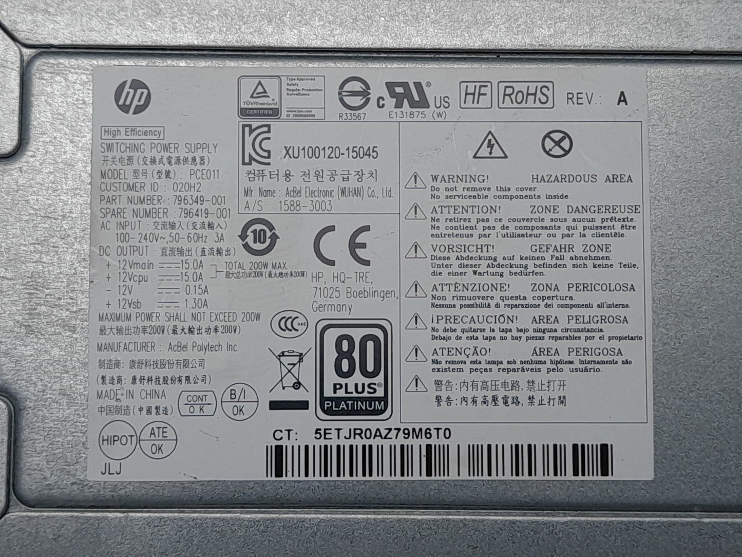 HP EliteDesk 800 G2 200W Power Supply Unit 796349-001 796419-001