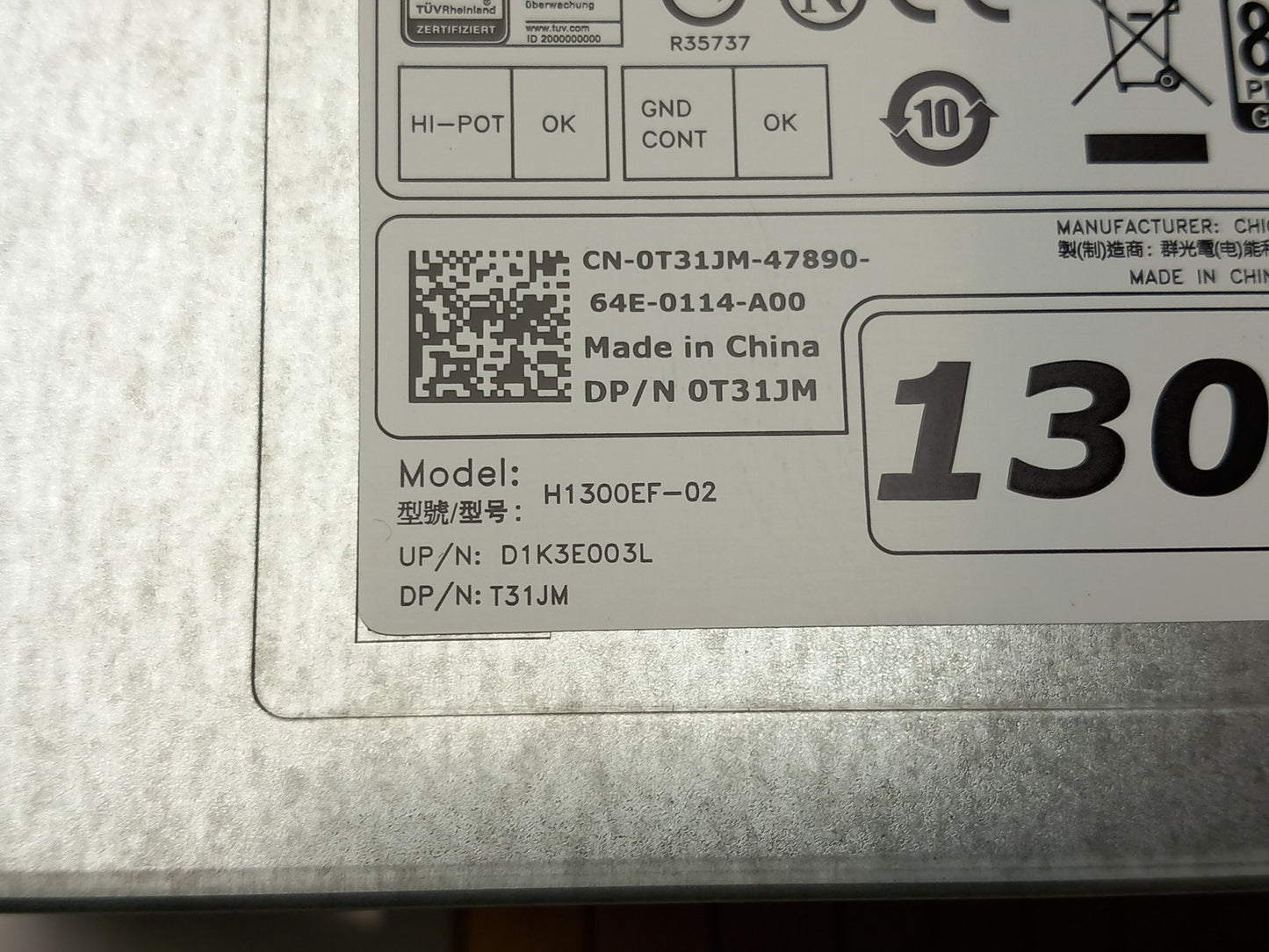 Dell Precision T7610 T7910 T7600 1300W Workstation Power Supply Unit 0T31JM