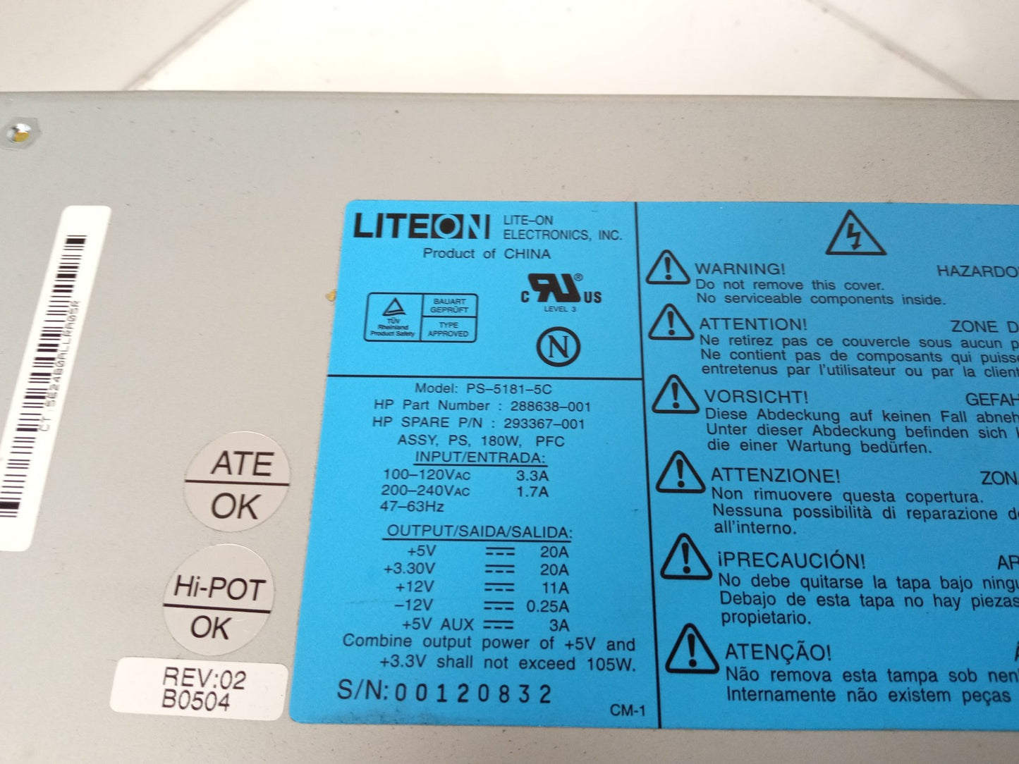 HP DL320 G2 180W Server Power Supply Unit 288638-001 293367-001