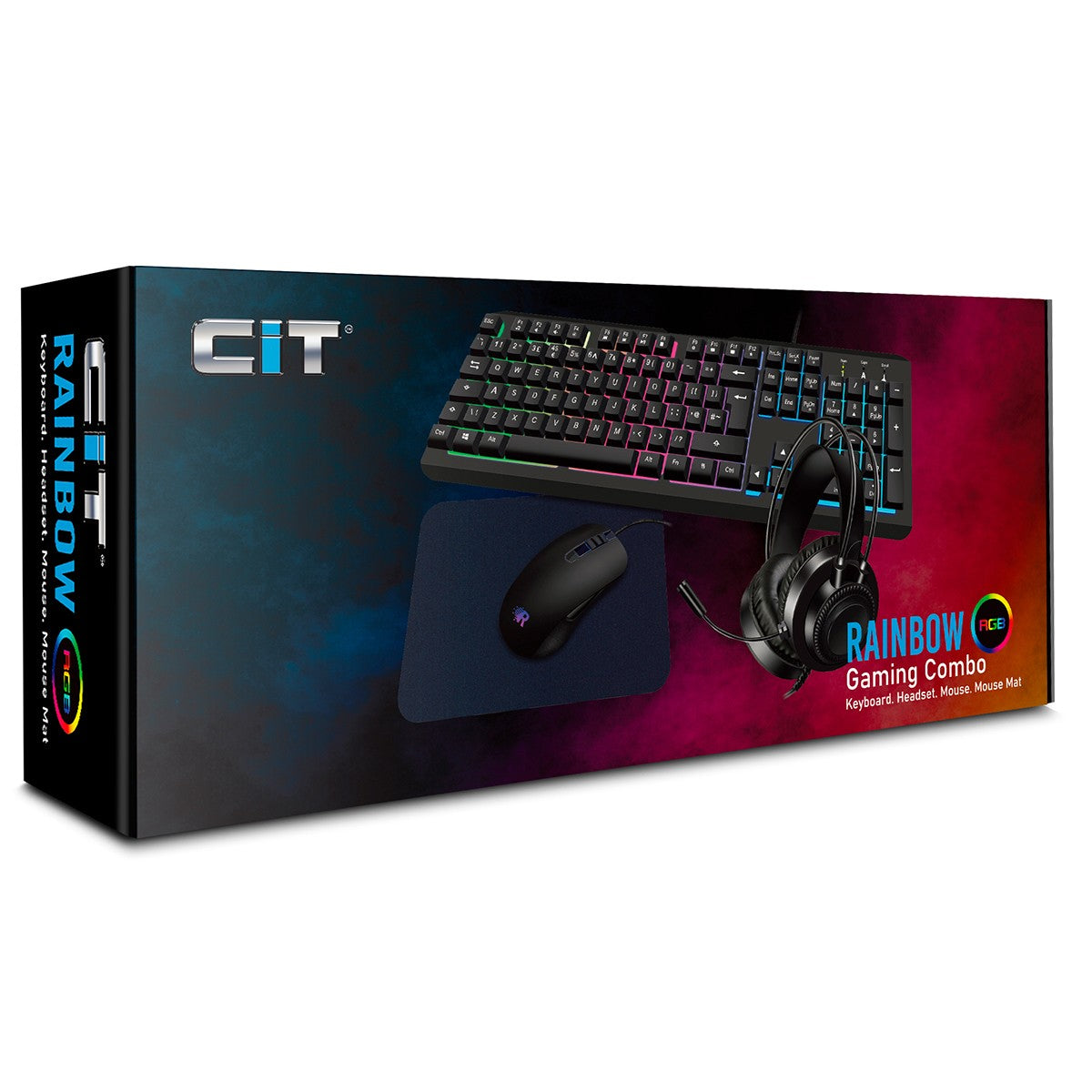 CiT Rainbow USB RGB Gaming Keyboard And Mouse Headset Pad Combo Set