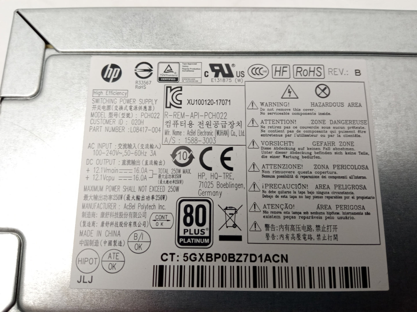 HP EliteDesk 800 G4 250W Desktop PC Power Supply Unit L08417-004 PCH022