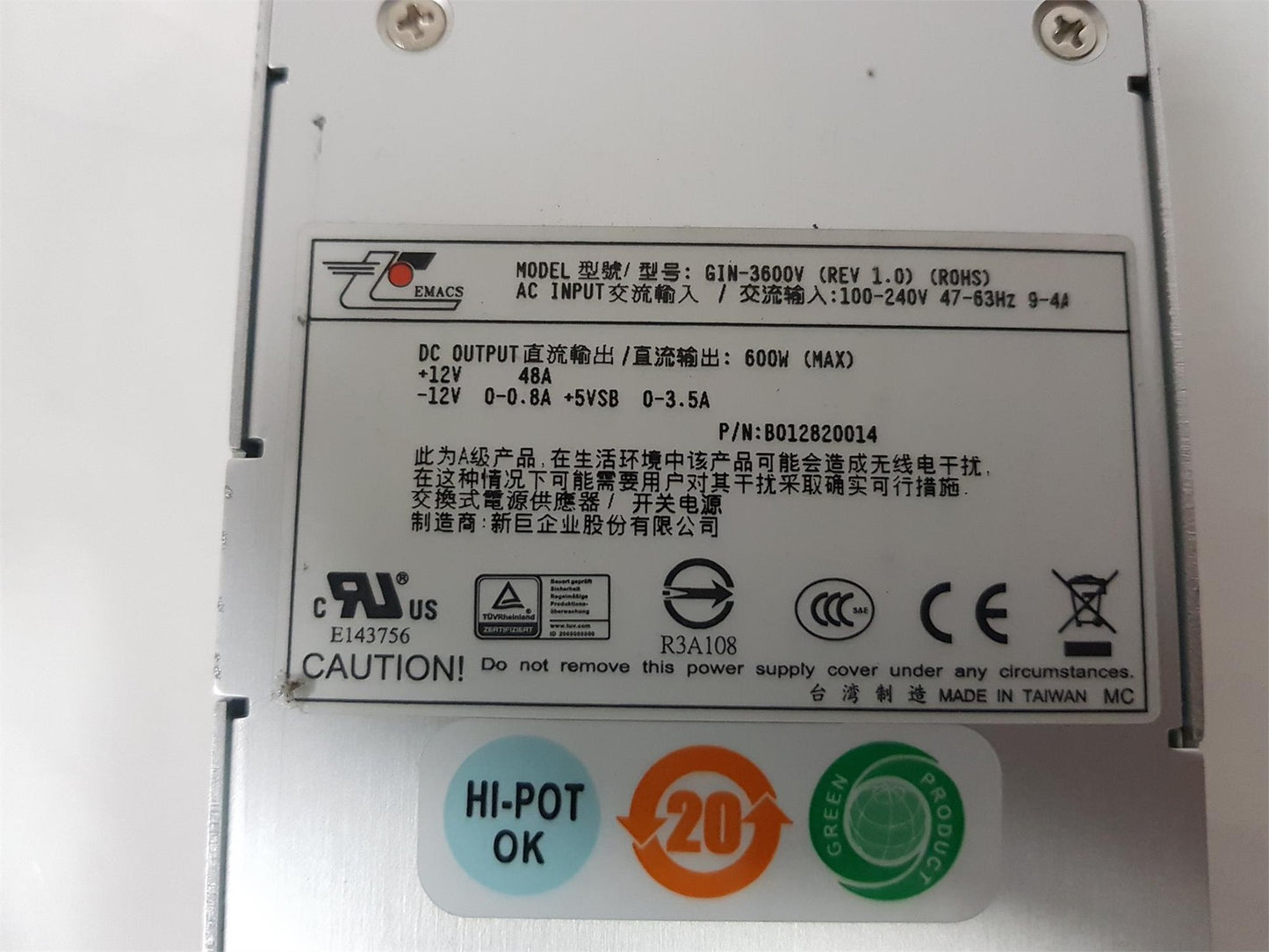 Zippy Emacs GIN-3600V 600W Server Power Supply Unit