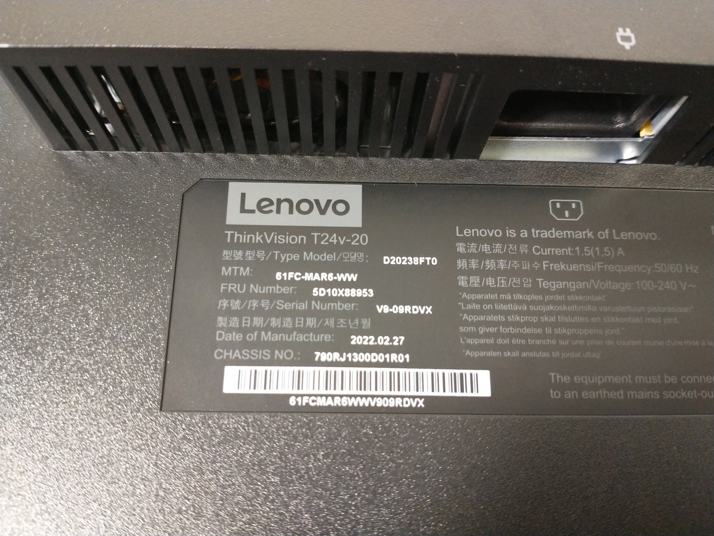 Lenovo ThinkVision T24v-20 24" HDMI DP VGA 1920x1080 Monitor With Stand