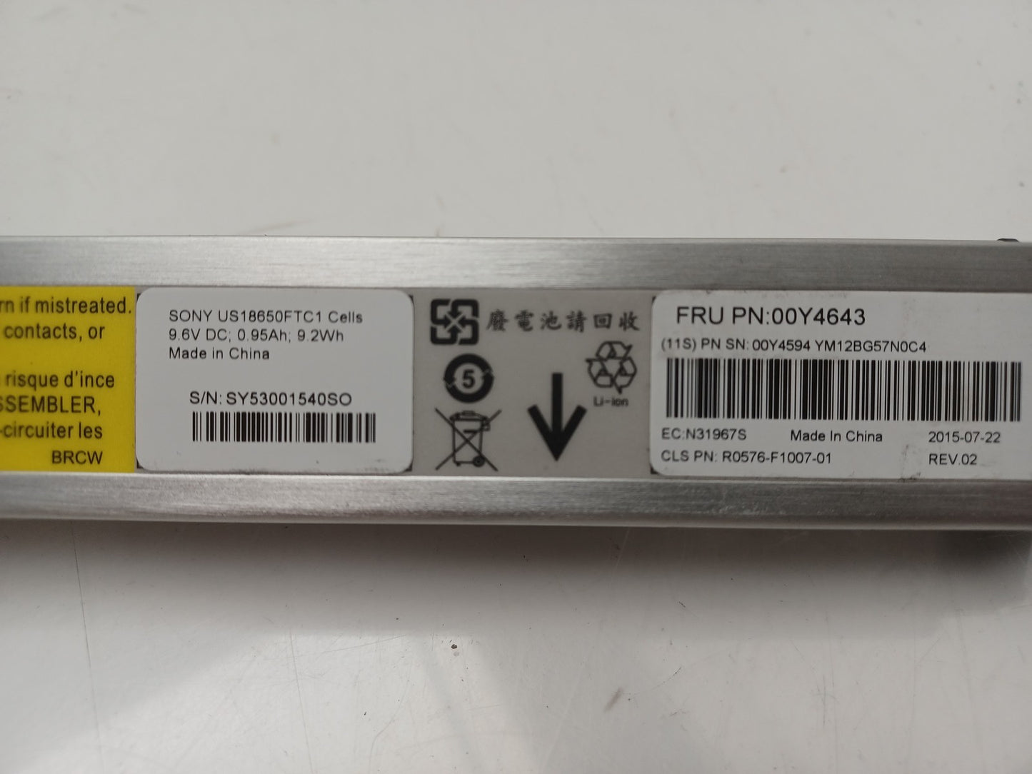 IBM Storewize 9.6V 9.2W 0.95ah Node Canister Battery Unit 00Y4643 00Y4594