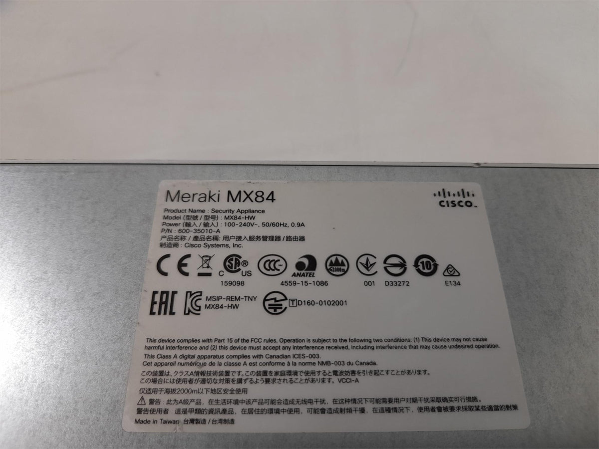 Cisco Meraki MX84-HW Enterprise Security Appliance Unclaimed