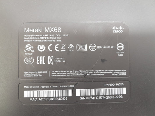 Cisco Meraki MX68Cloud‑Managed Security Firewall & SD‑WAN Appliance (MX68‑HW)