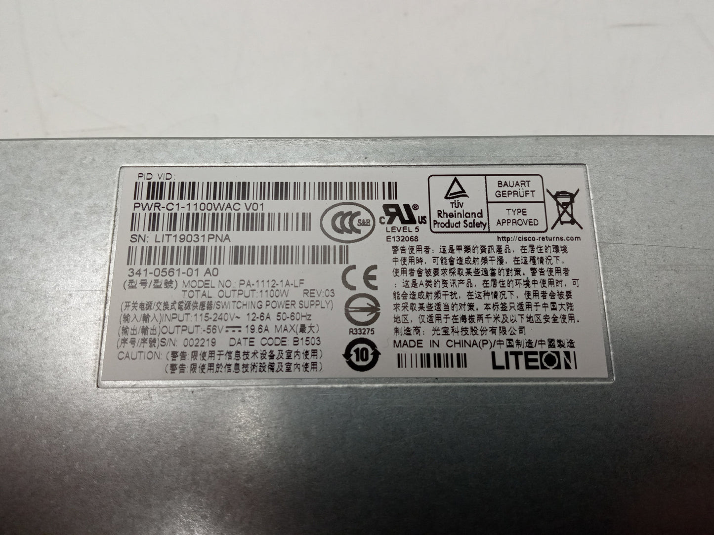 Cisco 3850 1100W Power Supply Unit 341-0561-01 PWR-C1-1100WAC V01