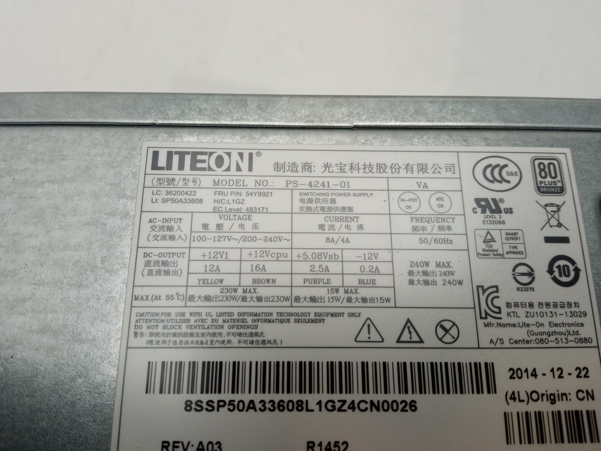 Lenovo ThinkCentre 240W LiteOn Power Supply Unit 54Y8921 PS-4241-01