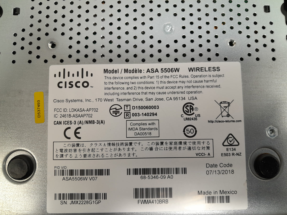 Cisco ASA 5506W-X V07 Wireless Next-Gen Firewall - K8 - 8-Port GE