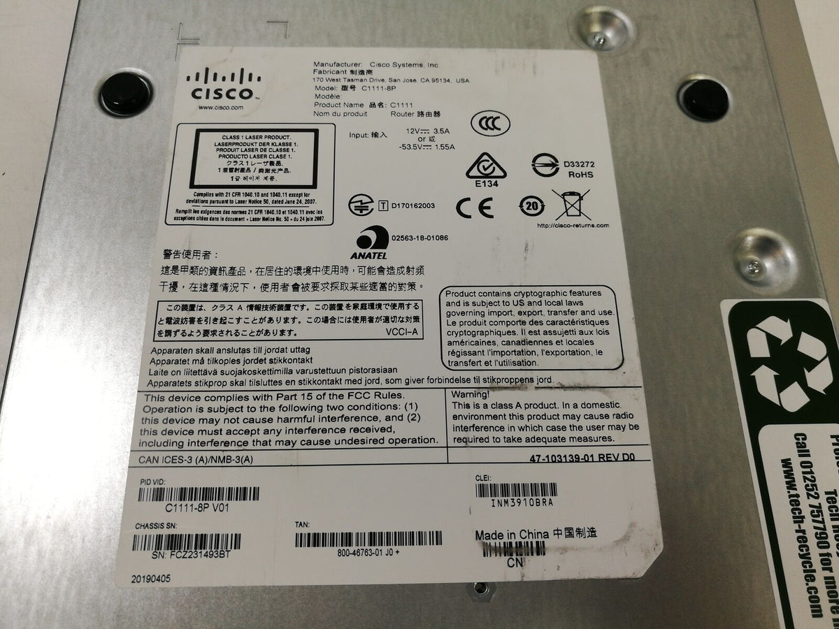 Cisco C1111-8P V01 ISR 1100 Series Cisco Systems Integrated Services Router No Power Supply