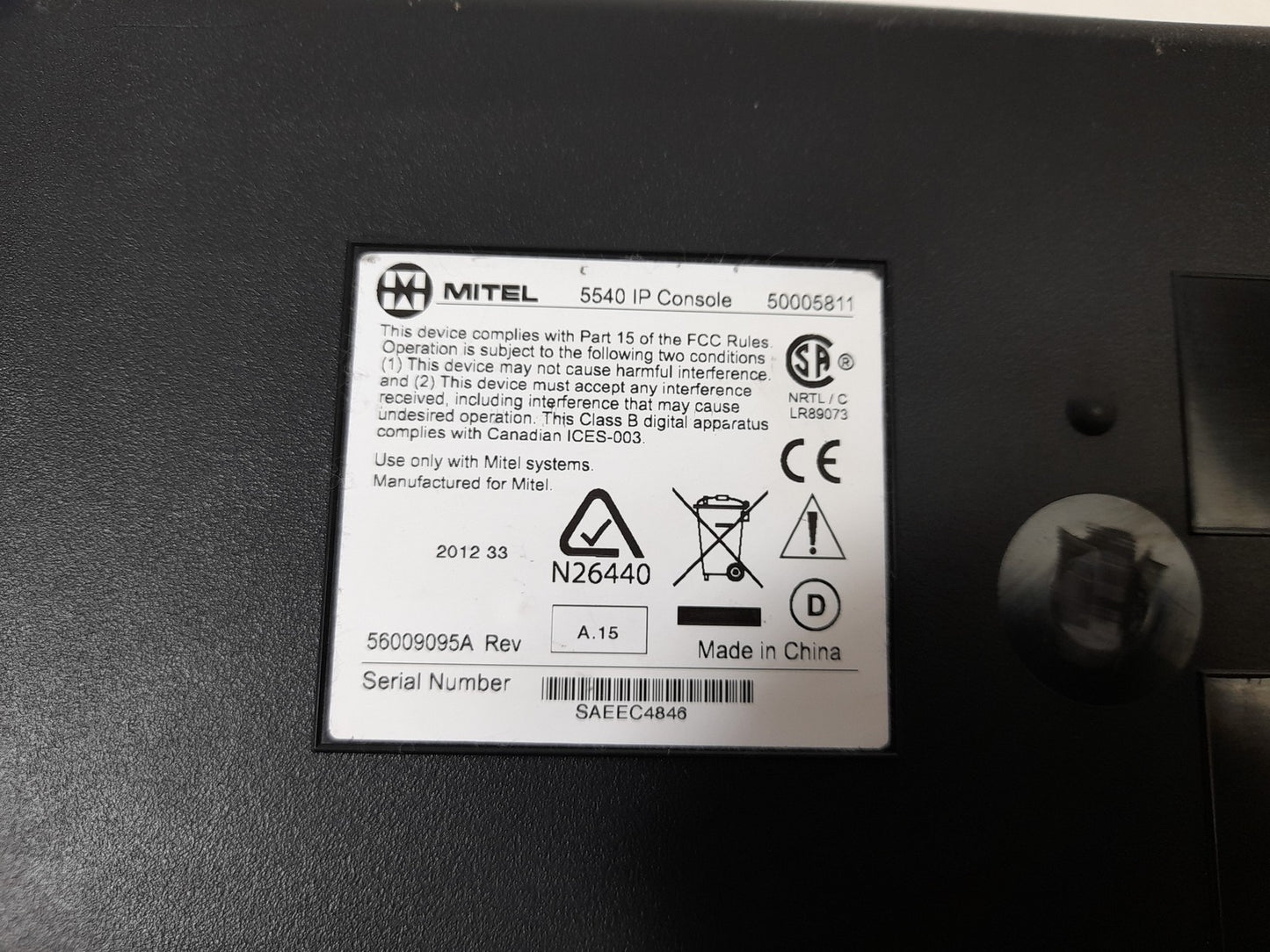 Mitel 5540 50005811 IP Console - Missing Phone Handset