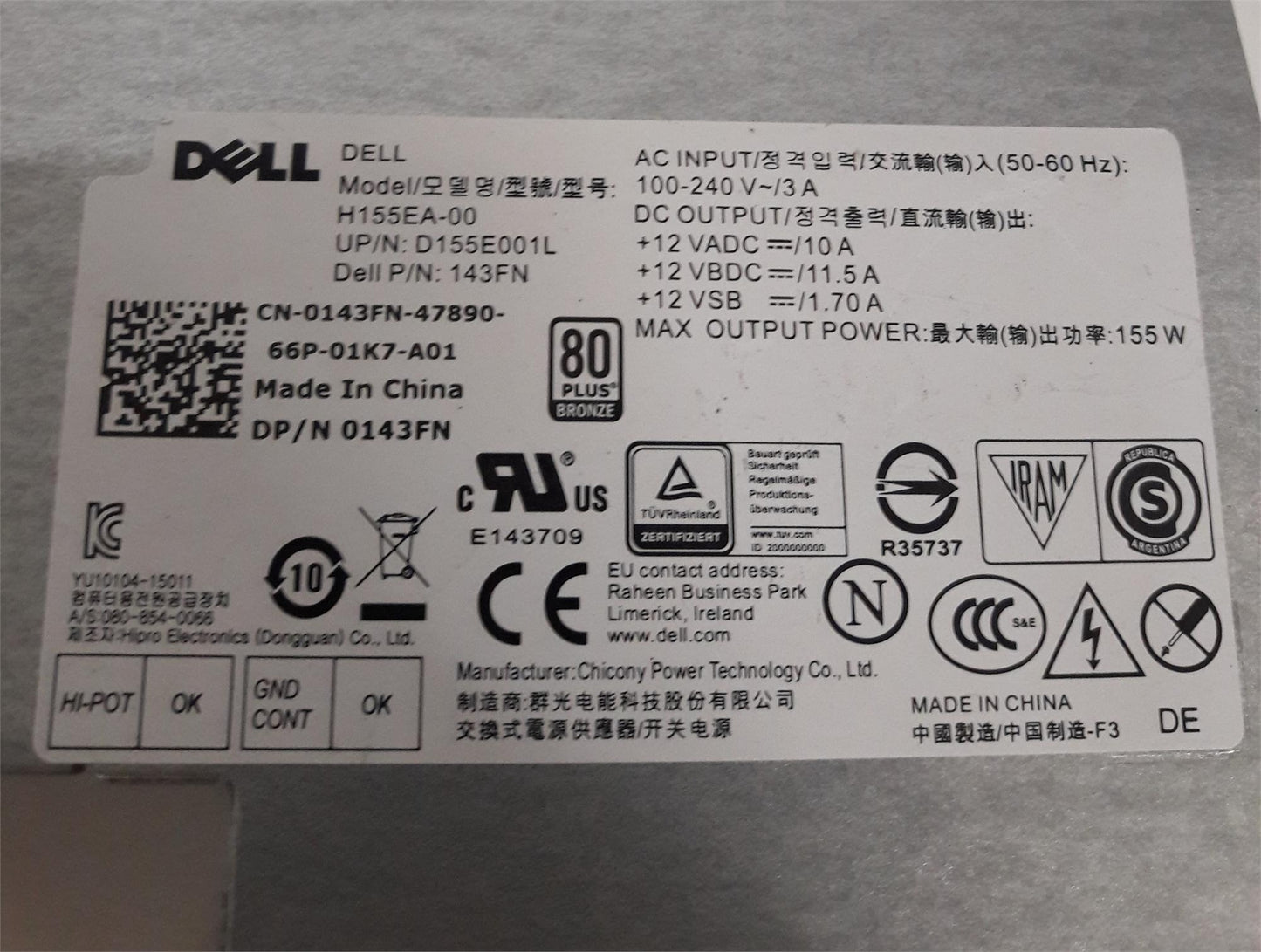 Dell Optiplex 7440 155 W Power Supply Unit 0143FN 143FN H155EA-00