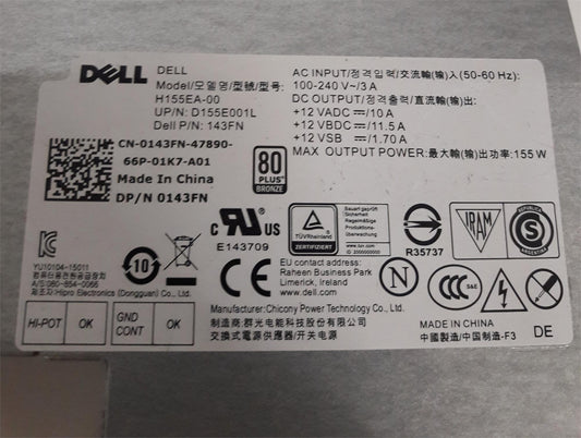 Dell Optiplex 7440 155 W Power Supply Unit 0143FN 143FN H155EA-00