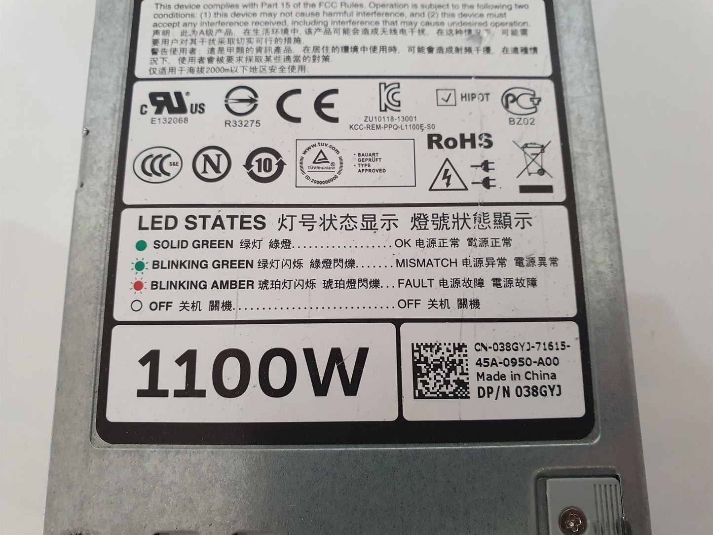 Dell PowerEdge R620 R720 R820 1100W Server Power Supply Unit 038GYJ 38GYJ