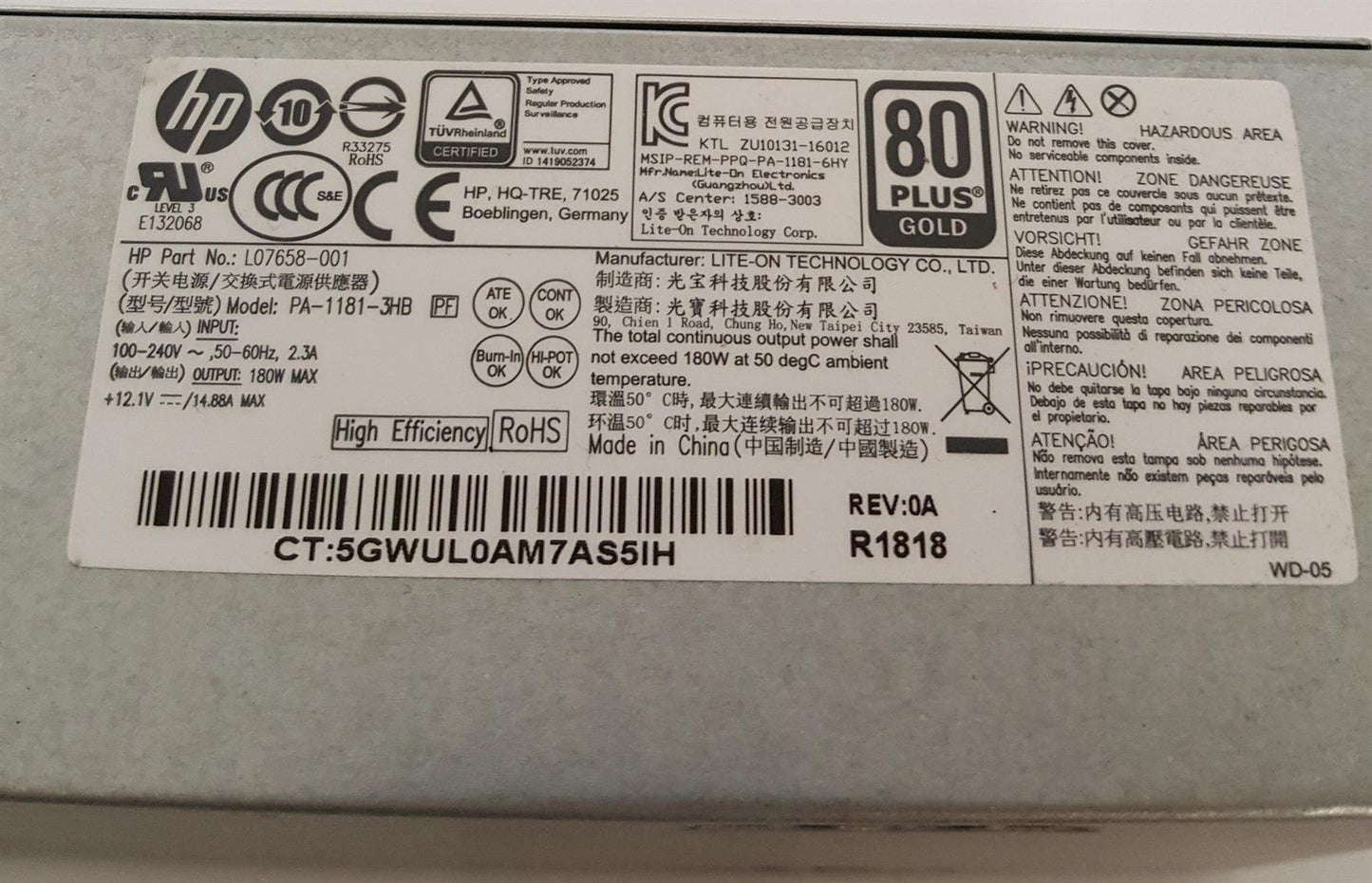 HP ProDesk 400 G5 180W Power Supply Unit L07658-001 PA-1181-3HB