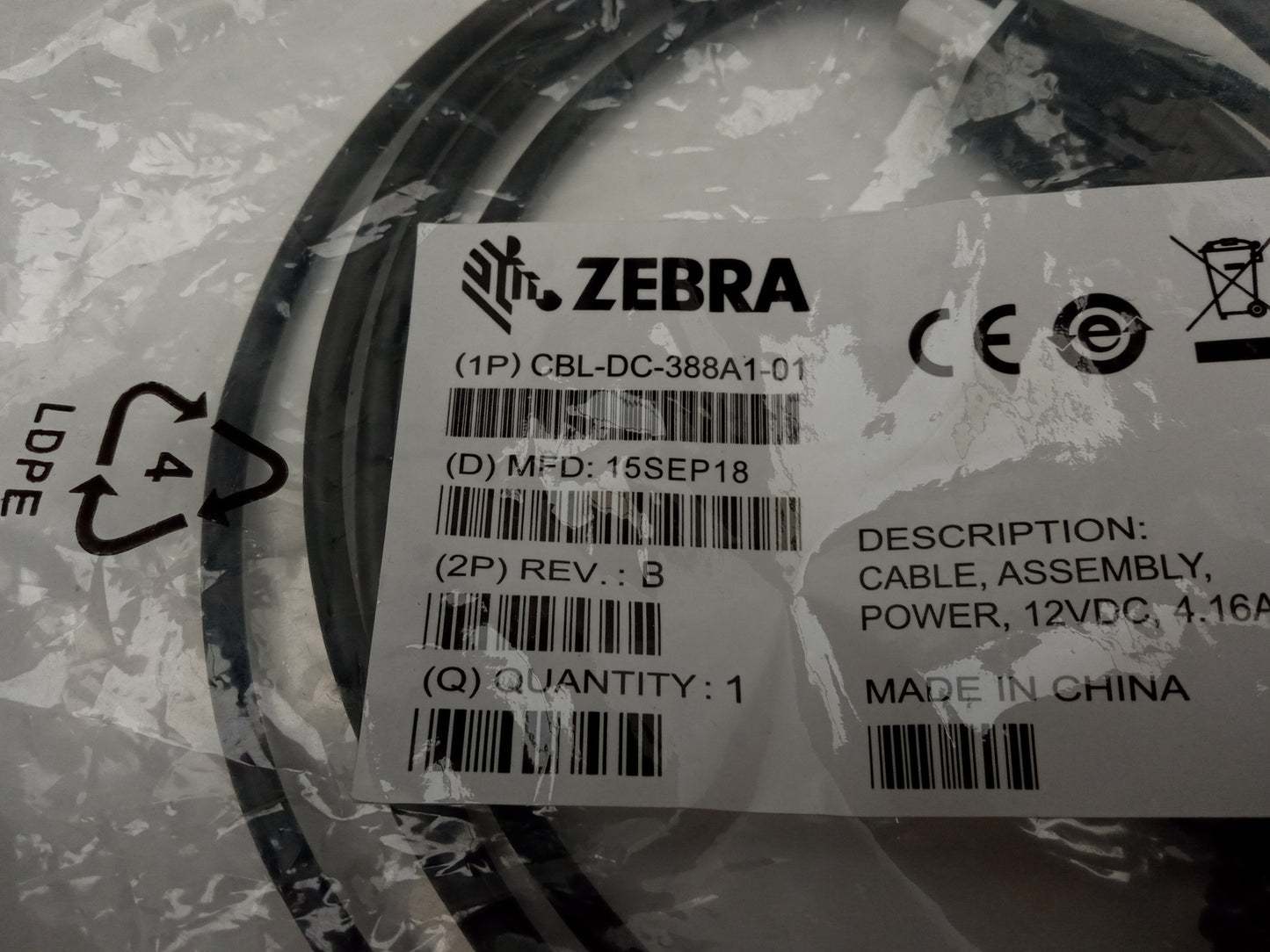Job Lot 4x Zebra 12VDC 4.16A Power Cable CBL-DC-388A1-01