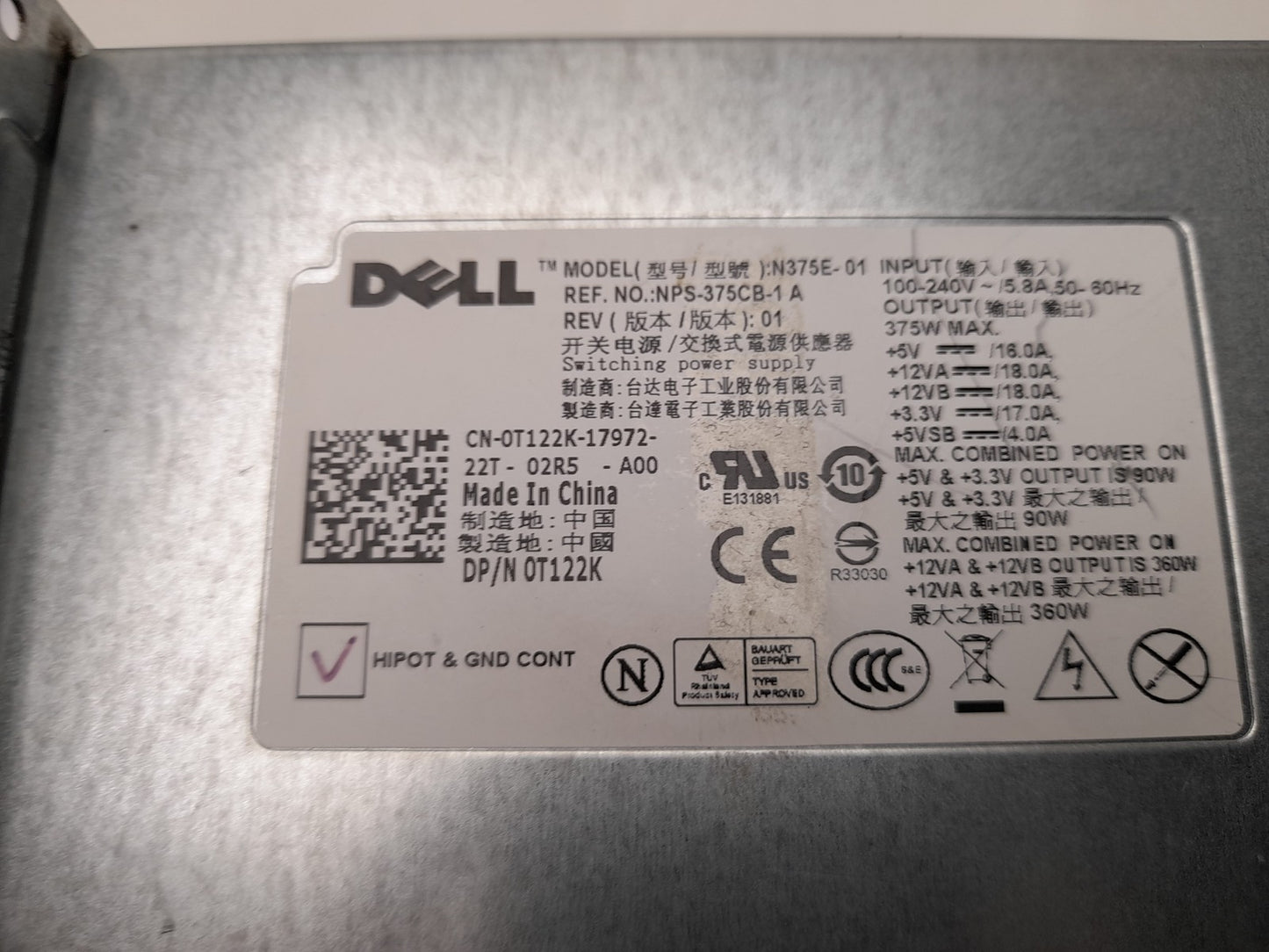 Dell PowerEdge T310 375W Server Power Supply Unit 0T122K T122K