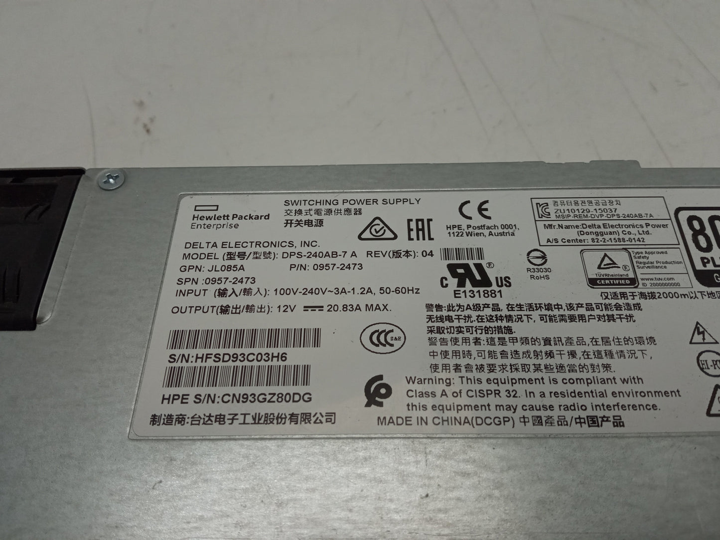 HP Aruba X371 250W Power Supply Unit JL085A 0957-2473 DPS-240AB-7 A