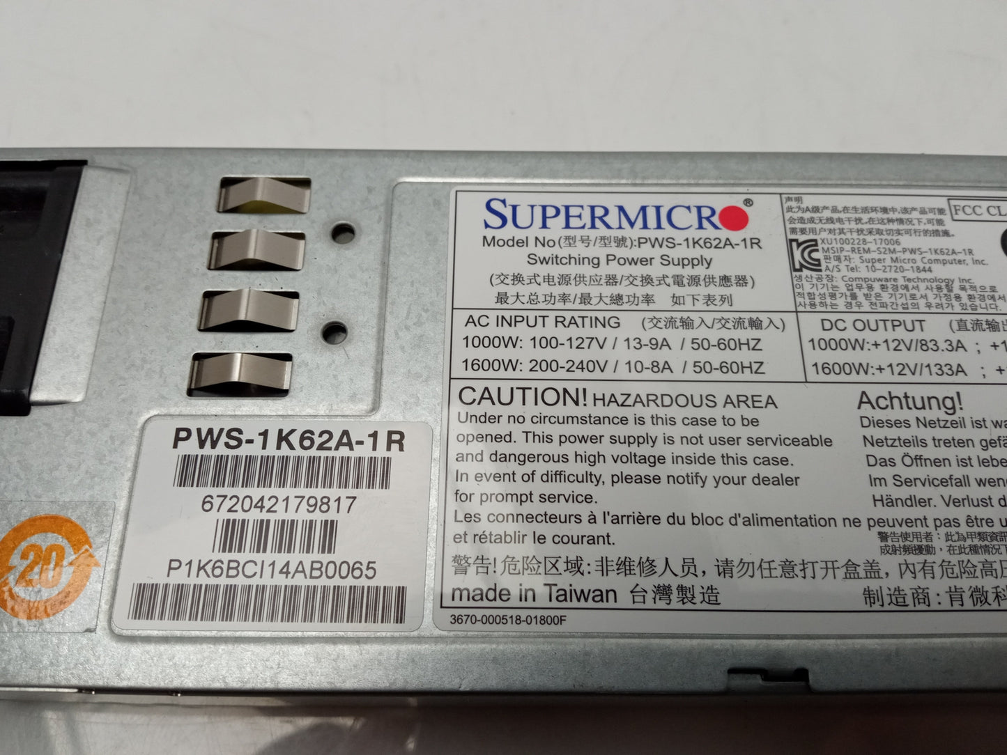 SuperMicro 1000W/1600W 1U Titanium Server Power Supply Unit PWS-1K62A-1R