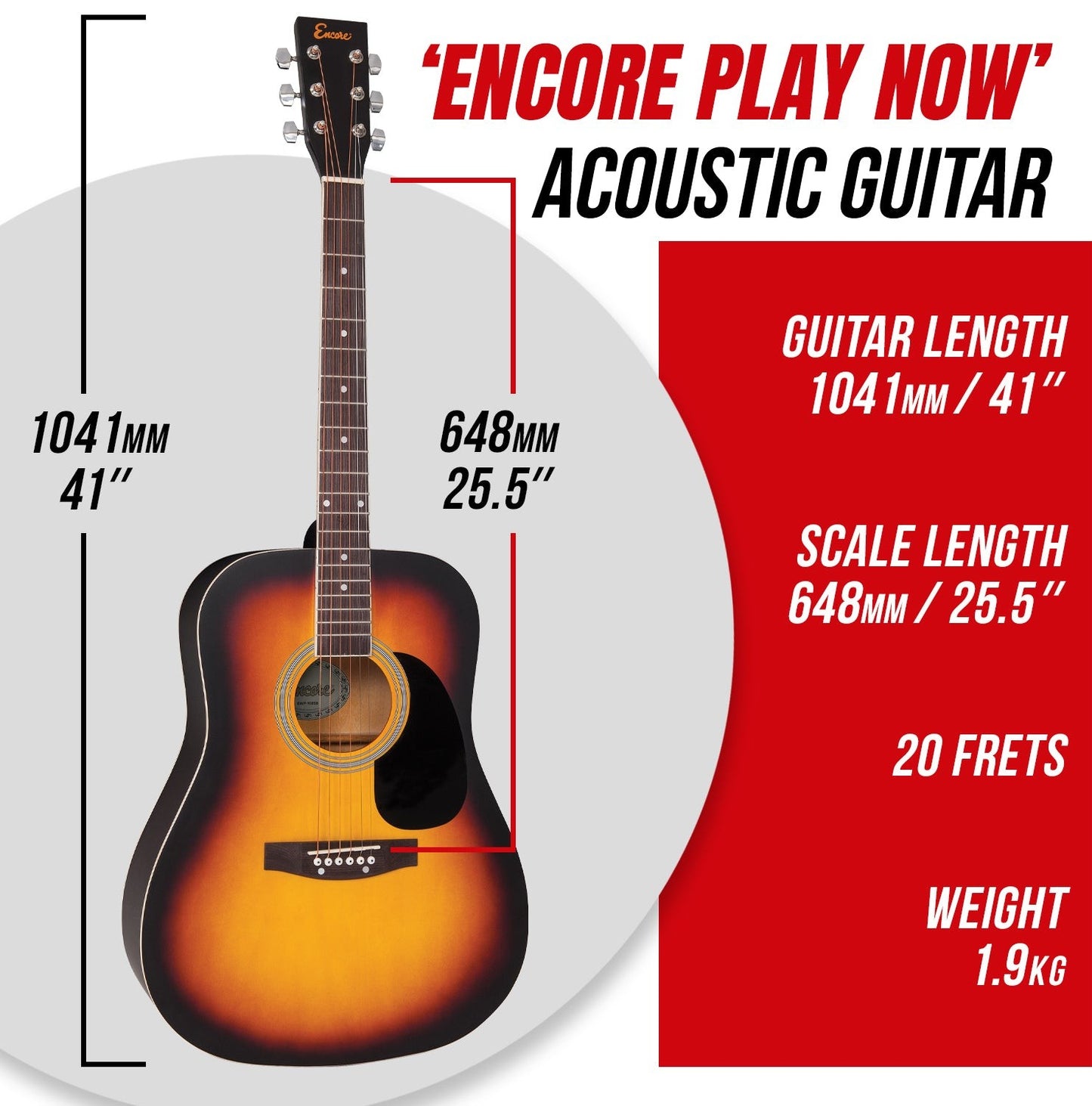 Encore Dreadnought Outfit Acoustic Guitar ~ Sunburst