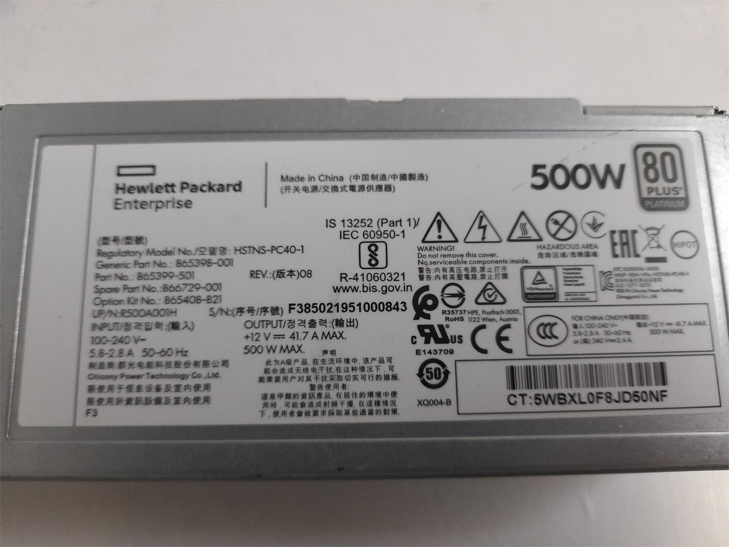 HP ProLiant DL380 GEN10 500W Server Power Supply Unit 865398-001 865399-501