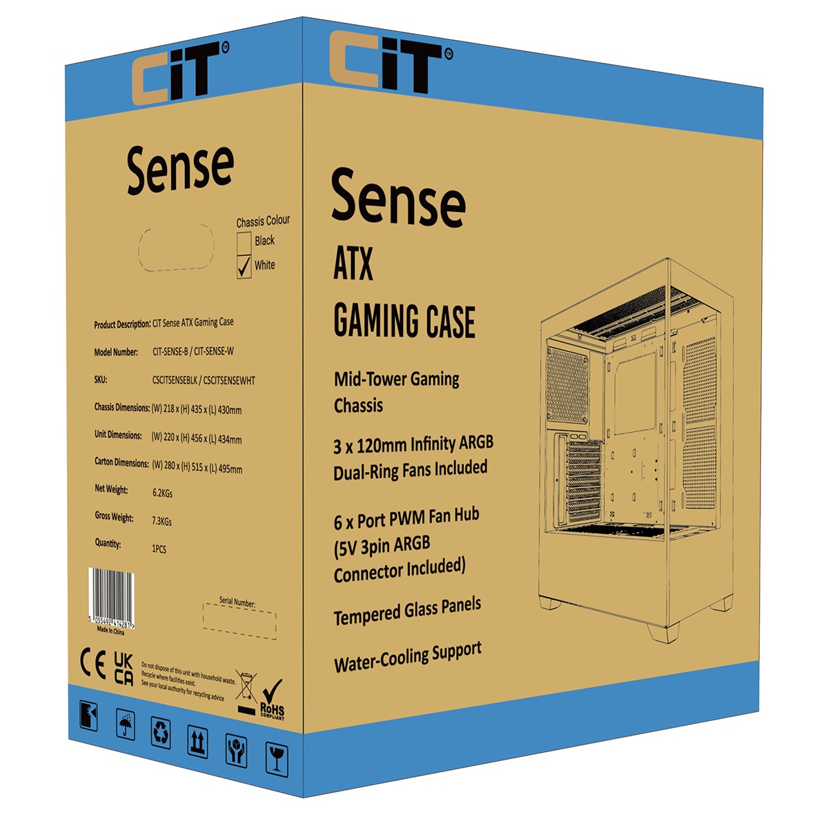 CiT Sense White Dual Tempered Glass Panelling ATX PC Gaming Case CIT-SENSE-W