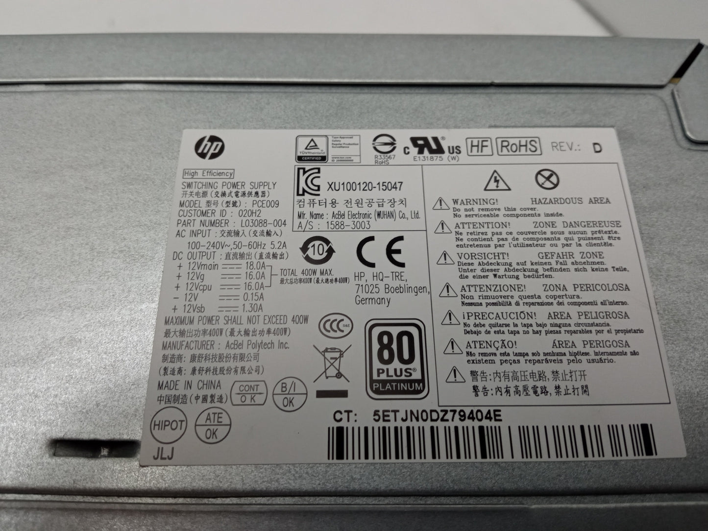 HP Z240 Workstation 400W Power Supply Unit L03088-004 PCE009