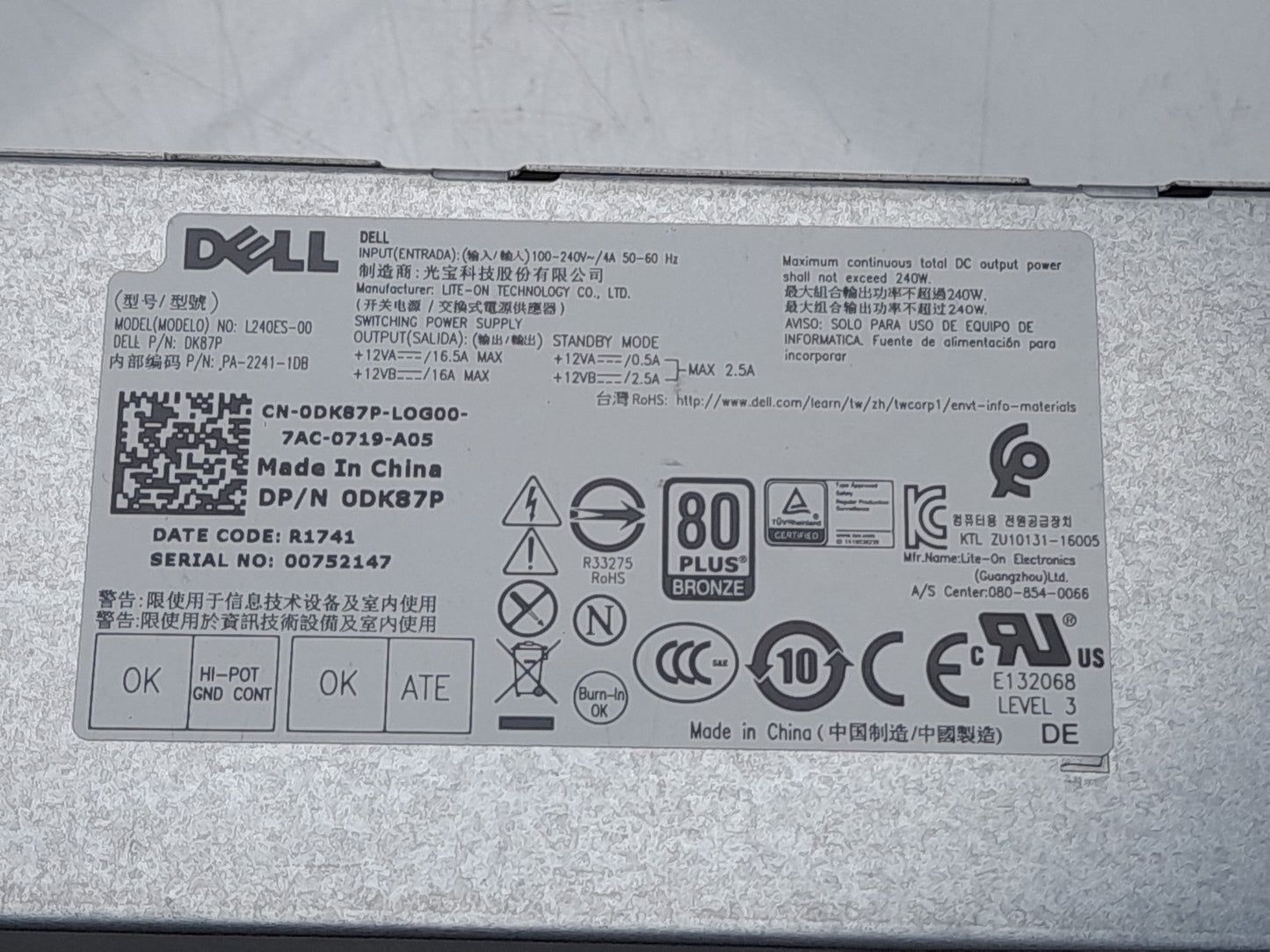 Dell OptiPlex 3040 5040 7040 3050 7050 240W Power Supply 0DK87P DK87P
