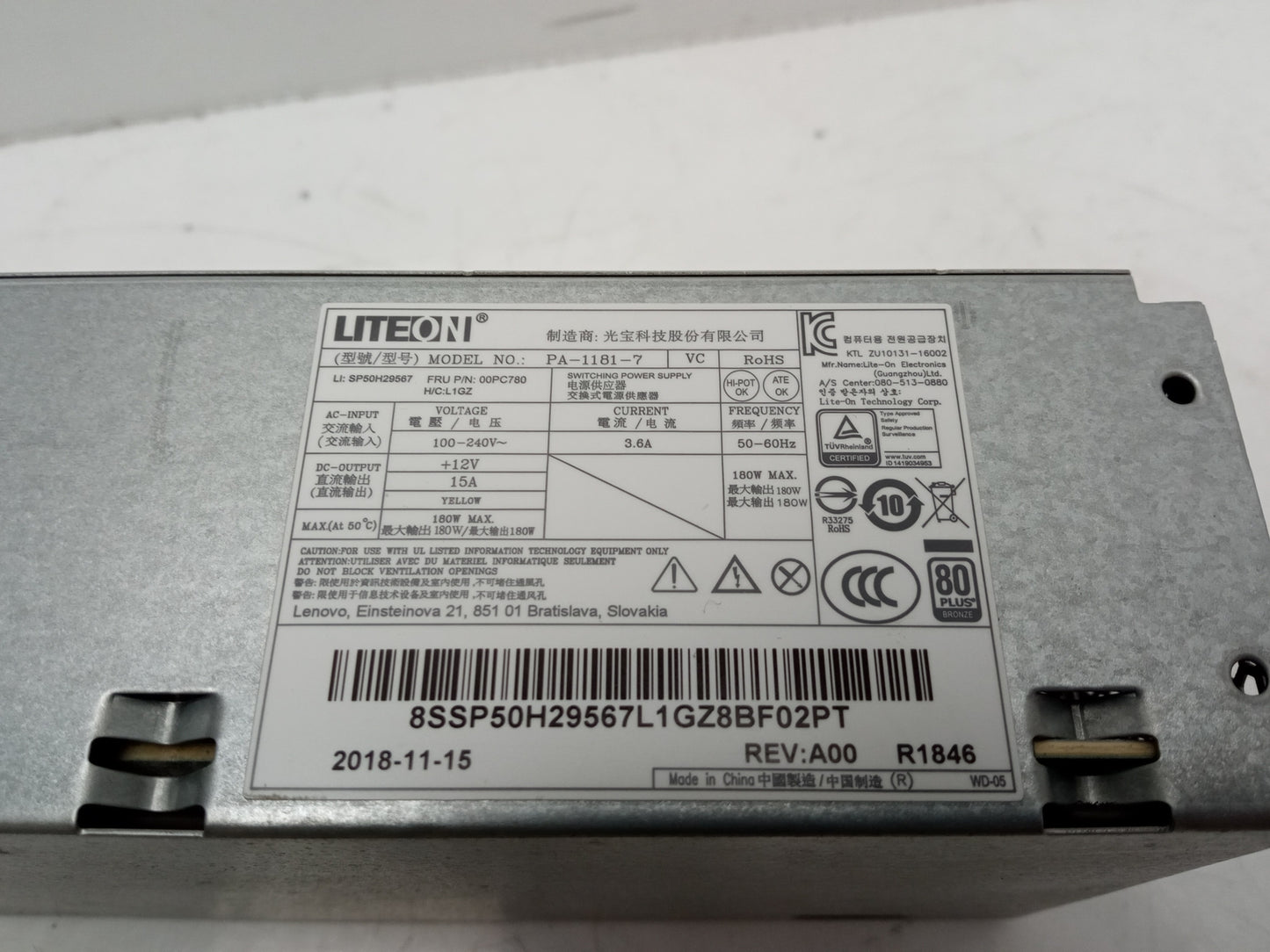 Lenovo M710E B360 180W  Power Supply Unit 00PC780 PA-1181-7