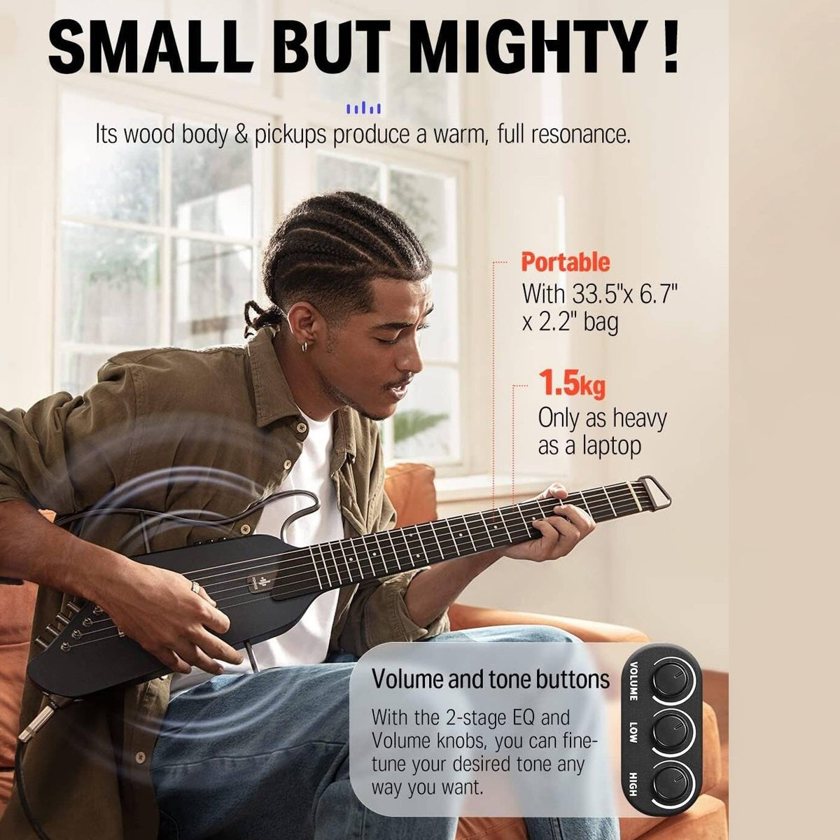 Donner HUSH-I Acoustic Electric Travel Portable Guitar ~ Black