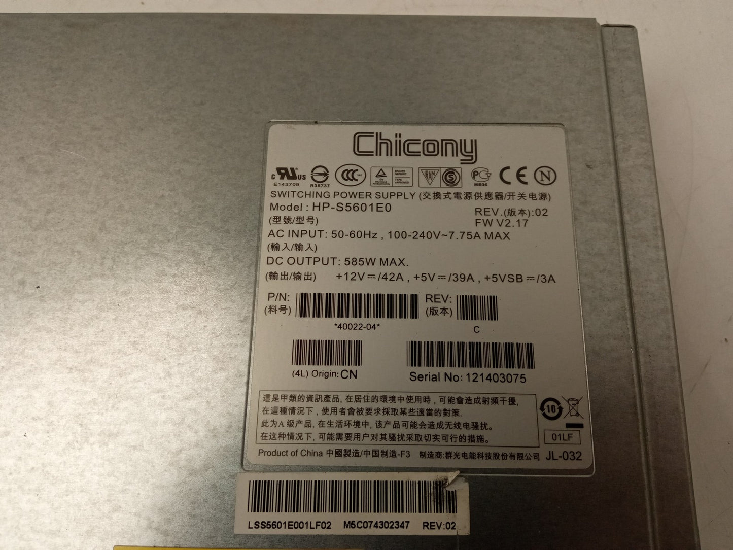 Chicony HP-S5601E0 585W Server Power Supply Unit 45830-00