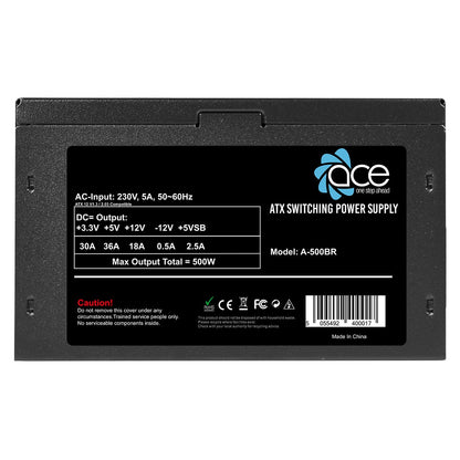 ACE 500W Black ATX Desktop Gaming PC - PSU Power Supply 120mm Red Cooling Fan