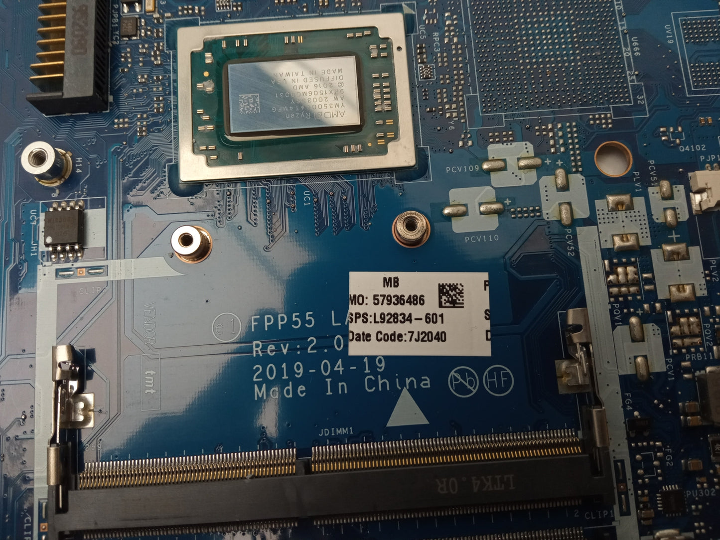 HP 255 G7 Laptop Motherboard With AMD Ryzen 5 3500U 2.10 GHz CPU DDR4 L92834-601