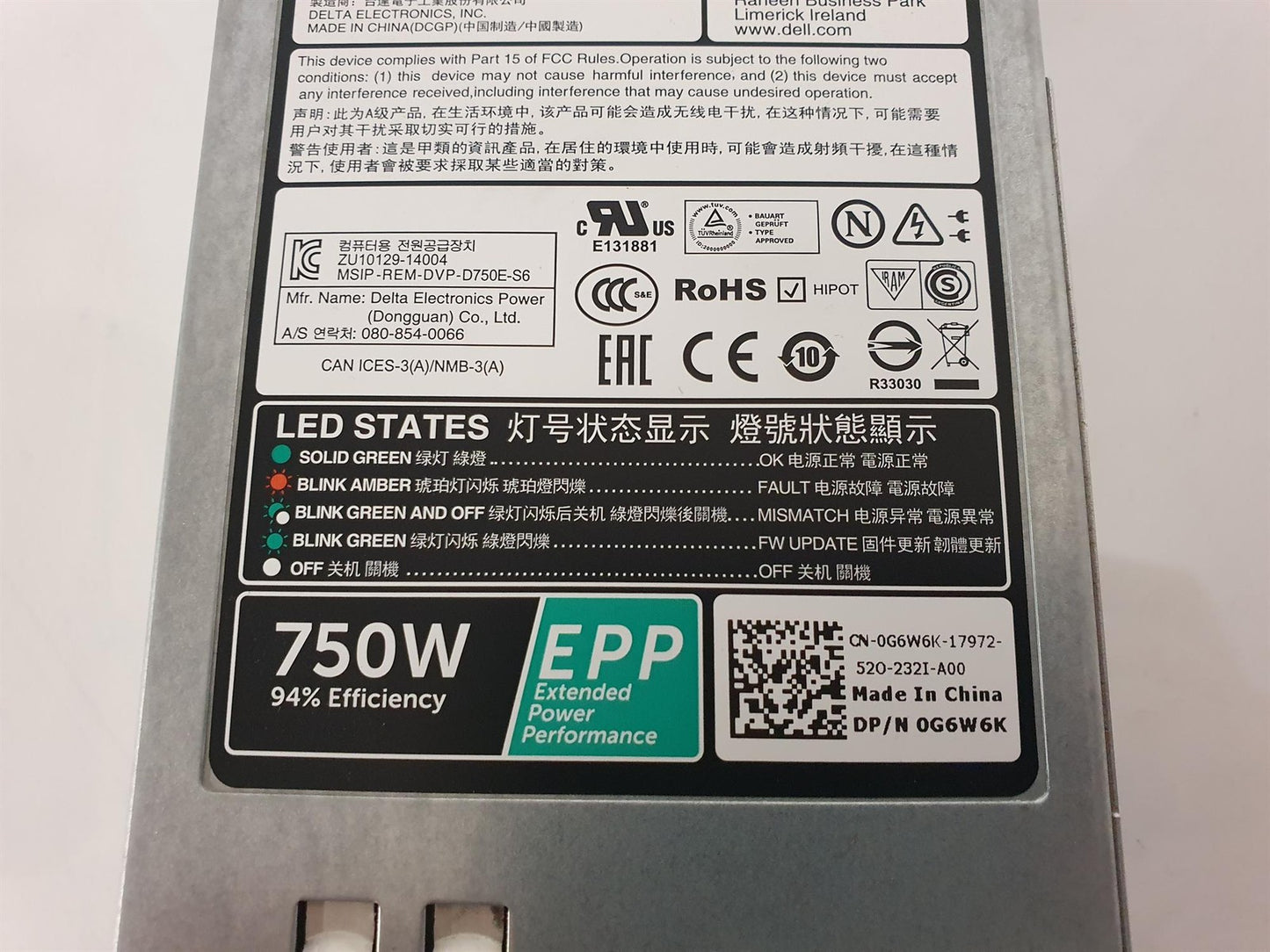 Dell PowerEdge R630 R730 750W Server Power Supply Unit 0G6W6K G6W6K