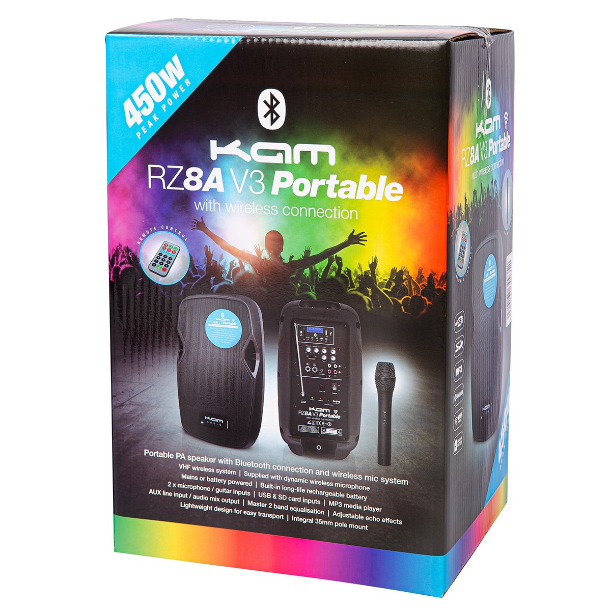 KAM RZ8A V3 8" 450W Portable Bluetooth PA Speaker - With Microphone