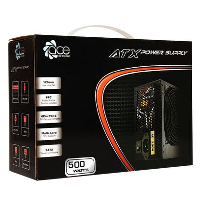 ACE 500W Black ATX Desktop Gaming PC - PSU Power Supply 120mm Red Cooling Fan