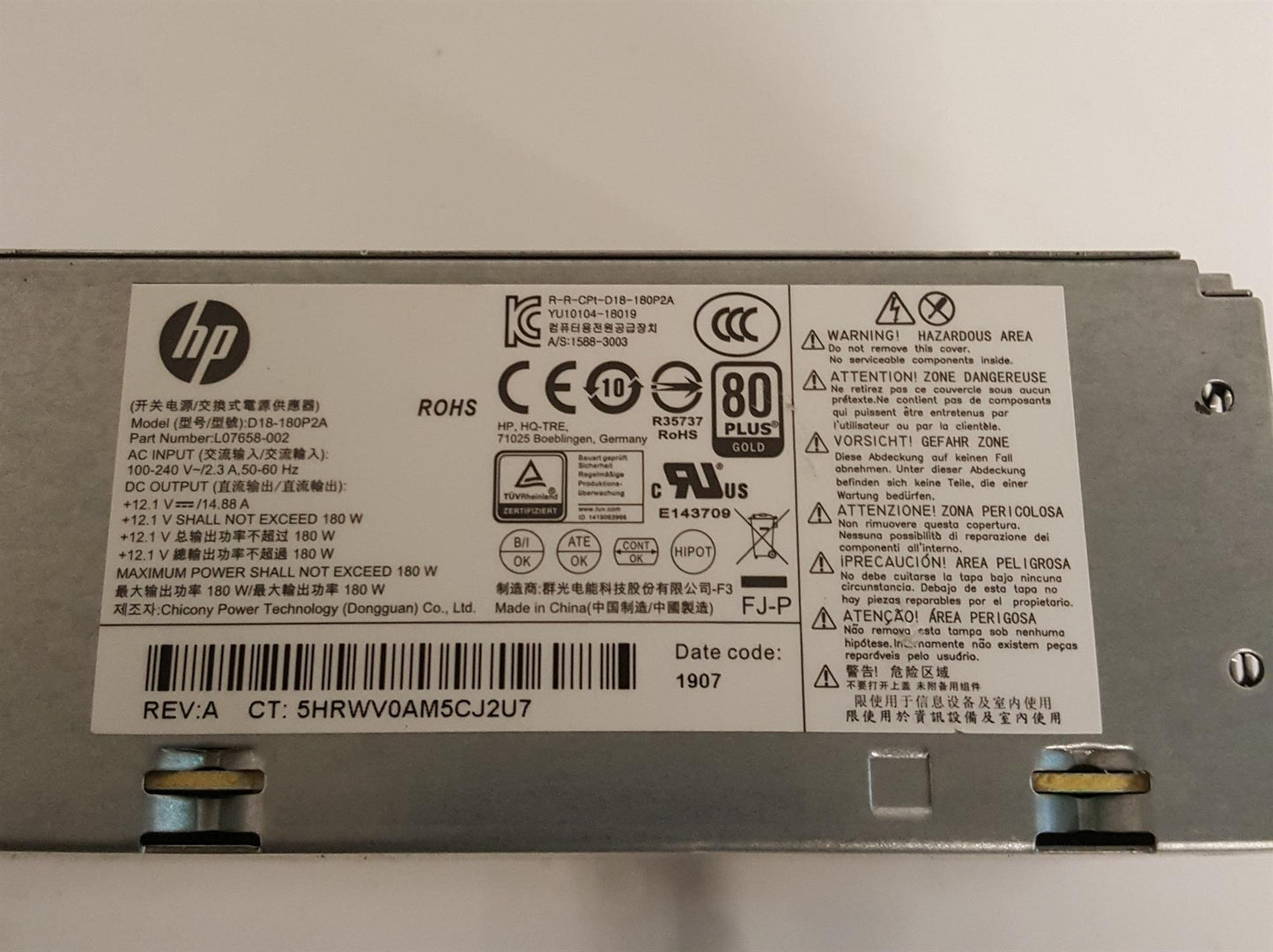 HP ProDesk G5 180W Power Supply Unit L07658-002 D18-180P2A