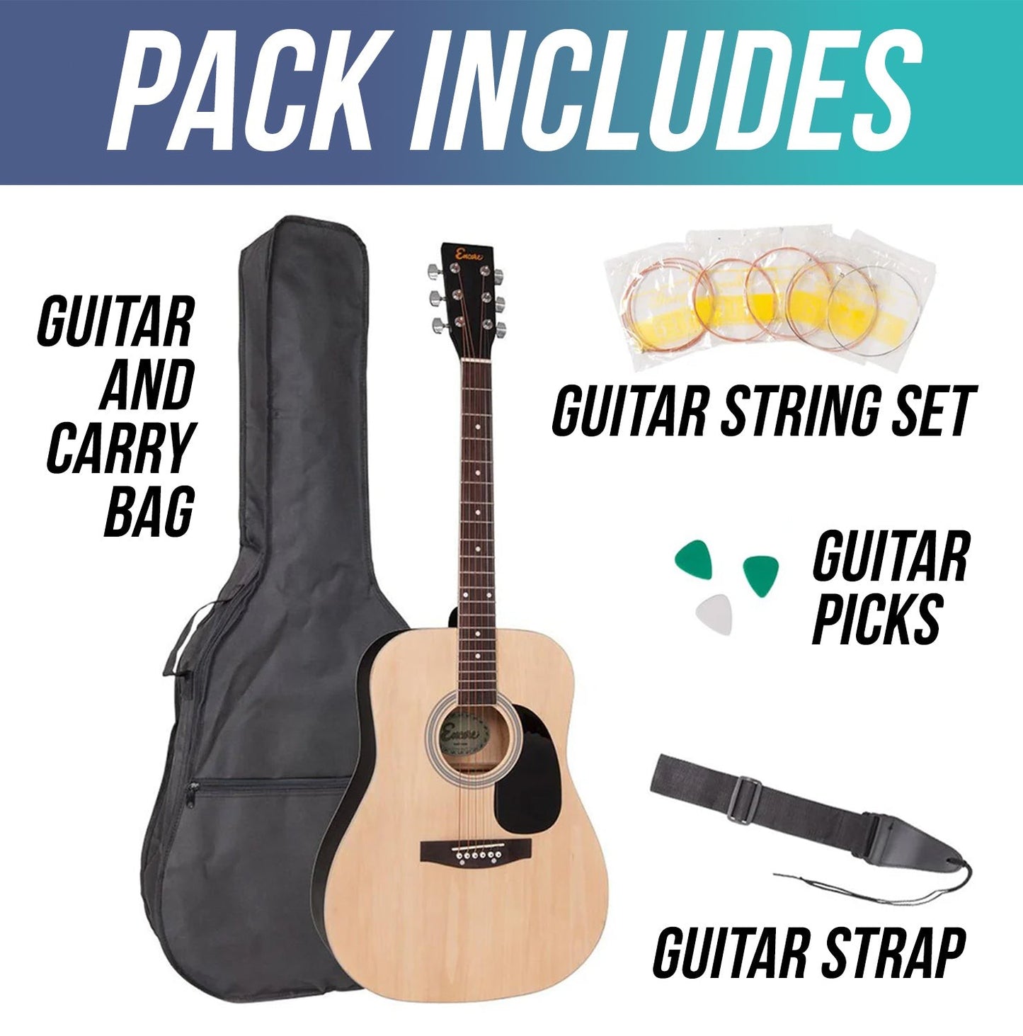 Encore Dreadnought Outfit Natural Guitar - With Carry Case